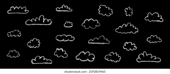 Set of abstract pencil clouds. Hand drawn cartoon cloudy sky. Vector illustration of collection of white eddy on black background. Imitation of a child's drawing with pencils on blackboard.