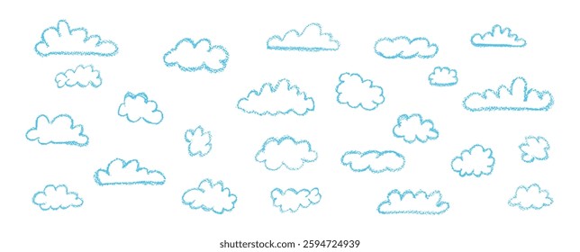 Set of abstract pencil clouds. Hand drawn cartoon cloudy sky. Vector illustration of collection of white eddy on white background. Imitation of a child's drawing with pencils on blackboard.