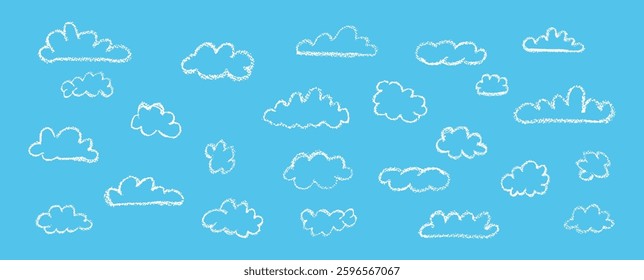 Set of abstract pencil clouds. Hand drawn cartoon cloudy sky. Vector illustration of collection of white eddy on blue background. Imitation of a child's drawing with pencils on blackboard.