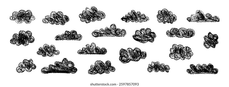 Set of abstract pencil clouds. Hand drawn cartoon cloudy sky. Vector illustration of collection of black eddy on white background. Imitation of a child's drawing with pencils on blackboard