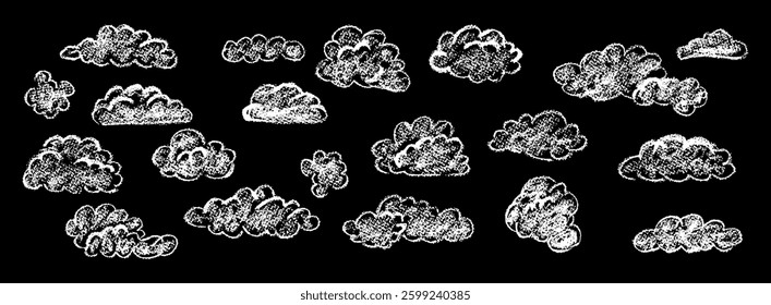 Set of abstract pencil clouds. Hand drawn cartoon cloudy sky. Vector illustration of collection of white eddy on black background. Imitation of a child's drawing with pencils on blackboard
