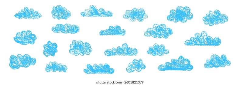Set of abstract pencil clouds. Hand drawn cartoon cloudy sky. Vector illustration of collection of blue eddy on white background. Imitation of a child's drawing with pencils on blackboard