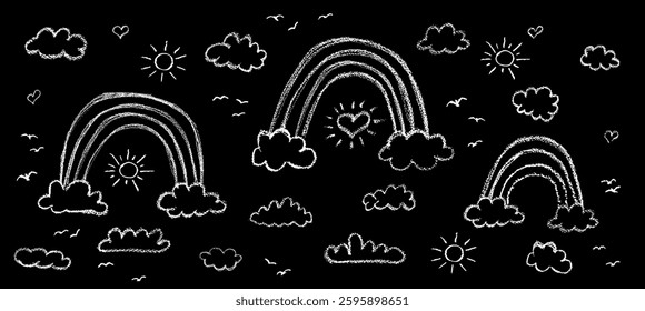Set of abstract pencil clouds and rainbow. Hand drawn cartoon cloudy sky and sun. Vector illustration collection of white hearts and birds silhouette. Imitation of a child's drawing on blackboard.