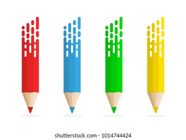 Set of abstract pencils in flat design. Vector illustration. Colored pencils on white background with shadow.