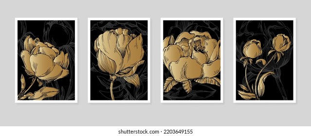 Set of Abstract peonies Hand Painted Illustrations for Wall Decoration, minimalist flower in sketch style. Postcard, Social Media Banner, Brochure Cover Design Background. Modern Abstract Painting.