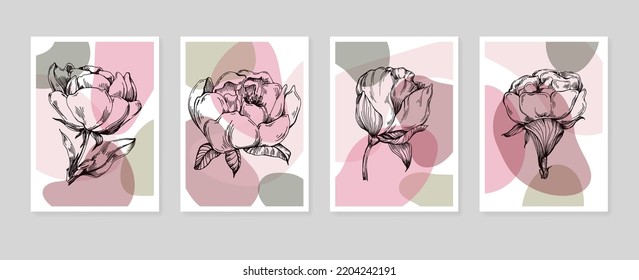 Set of Abstract peonies Hand Painted Illustrations for Wall Decoration, minimalist flower in sketch style. Postcard, Social Media Banner, Brochure Cover Design Background. Modern Abstract Painting.