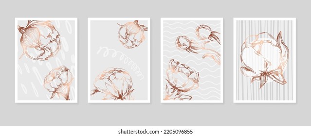 Conjunto de peonías abstractas con ilustraciones pintadas a mano para la decoración de paredes, flor minimalista en estilo de sketch. Postcard, Banner de medios sociales, Fondo de diseño de portada de folletos. Pintura Resumen Moderna.
