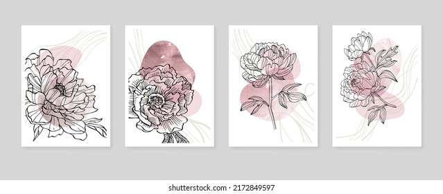 Set of Abstract Peony Hand Painted Illustrations for Wall Decoration, minimalist flower in sketch style. Postcard, Social Media Banner, Brochure Cover Design Background. Modern Abstract Painting