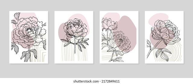 Set of Abstract Peony Hand Painted Illustrations for Wall Decoration, minimalist flower in sketch style. Postcard, Social Media Banner, Brochure Cover Design Background. Modern Abstract Painting