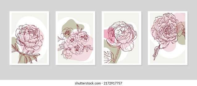 Set of Abstract Peony Hand Painted Illustrations for Wall Decoration, minimalist flower in sketch style. Postcard, Social Media Banner, Brochure Cover Design Background. Modern Abstract Painting
