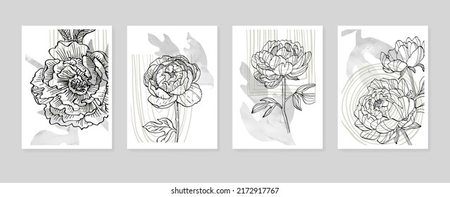 Set of Abstract Peony Hand Painted Illustrations for Wall Decoration, minimalist flower in sketch style. Postcard, Social Media Banner, Brochure Cover Design Background. Modern Abstract Painting