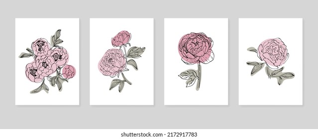 Conjunto de ilustraciones pintadas a mano de peones abstractas para la decoración de paredes, flor minimalista en estilo de sketch. Postcard, Banner de medios sociales, Fondo de diseño de portada de folletos. Pintura abstracta moderna