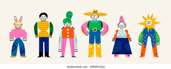 Set of Abstract people. Cute disproportionate characters. Various bright colorful clothes. Different textures. Hand drawn Vector illustration. Every person is isolated