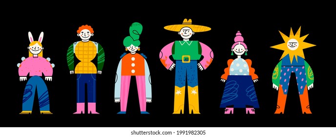 Set of Abstract people. Cute disproportionate characters. Various bright colorful clothes. Different textures. Paper cut, childish style. Hand drawn Vector illustration. Every person is isolated