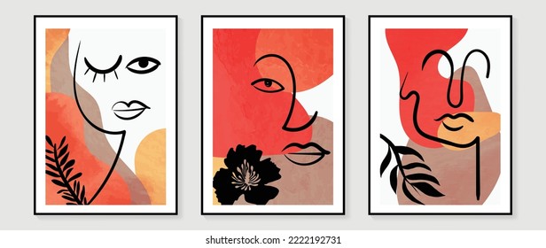 Set of abstract people face portrait wall art. Collection of facial line art with leaf and vintage color style. Design for wall decor, interior, poster, print, cover, wallpaper. Vector illustration.