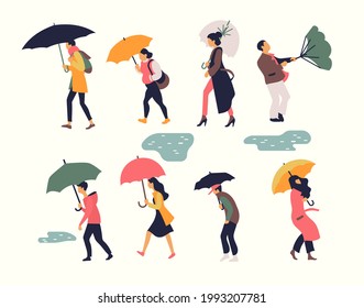 Set of abstract people walking in rain holding umbrellas. Bad wet and windy weather themed minimalist pedestrians character design with men and women, vector, isolated
