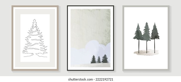 Set of abstract pine tree landscape wall art collection. Watercolor pine trees and line art vector. Design suitable for wall decoration, interior, poster, print, cover, wallpaper. Vector illustration.