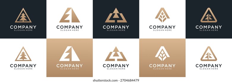 Conjunto de pinheiro abstrato com letra A logo design. Ícone universal para negócios e branding. ilustração vetor de design de luxo minimalista elegante.