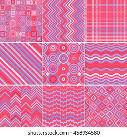 Set of abstract pink background, 9 geometric pattern, vector illustration. Texture can be used for printing onto fabric and paper.