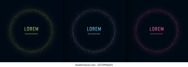 Set of abstract pink, blue, green, golden glowing light dot glitter radial pattern on dark blue background. Collection of illuminate dots with copy space in luxury style. Futuristic technology concept