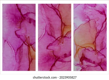 Set of abstract pink marble backgrounds.  Hand-painted in alcohol ink technique. Vector. Template for banner, poster design. Fluid art painting