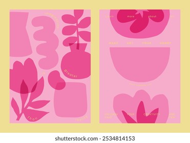 Set of abstract pink and red botanical vector designs. Floral patterns with leaves and flowers. Modern art with pink tones. Creative floral and botanical art. Pink and red botanical vector posters.
