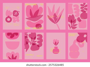 Set of abstract pink and red botanical vector designs. Floral patterns with leaves and flowers. Modern art with pink tones. Creative floral and botanical art. Pink and red botanical vector posters.