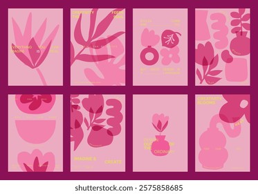 Set of abstract pink and red botanical vector designs. Floral patterns with leaves and flowers. Modern art with pink tones. Creative floral and botanical art. Pink and red botanical vector posters.