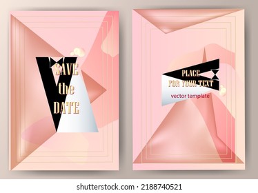 Set of abstract pink wedding invitation cards with the bride and groom
