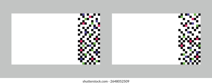 Set of abstract pixel backgrounds, banners, posters, text boxes. Set of white backgrounds in pixel art style with decor from black, pink, purple and green pixels. Vector illustration.