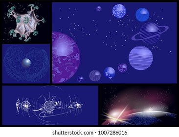 set of abstract planets on blue sky with stars