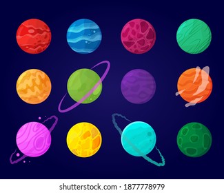 Set of abstract planets. Vector cartoon illustrations. Isolated objects. Flat design.