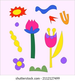 Un conjunto de elementos abstractos de plantas al estilo hippie de los años 60-70. Para un patrón botánico. Iconos psicodélicos brillantes.