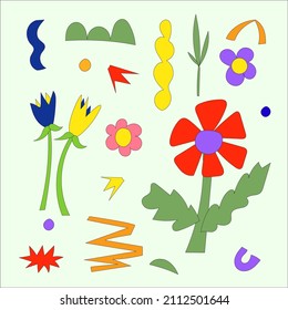 A set of abstract plant elements in the hippie style for botanical illustration. Summer icons