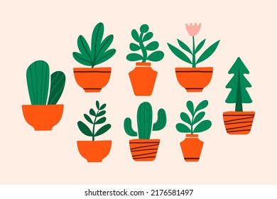 Set of Abstract plant. Hand drawn colored Vector Set. Floral design colorful trendy illustration