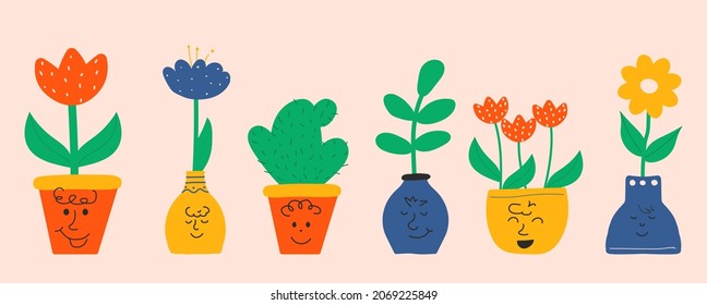 Set of abstract plants. Collection of images. Ecology, biology, home comfort. Floral design, Naive art. Domestic flowers in pots. Cartoon flat vector illustrations isolated on pink background