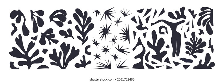 Set of abstract plants and different shapes inspired by Matisse. Vector illustration black on white paper cutouts isolated on blue background. Female figure, stars, algae scraps of cut paper.