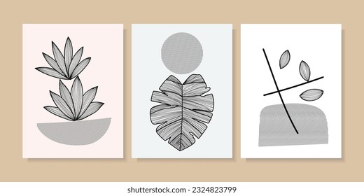 Set of abstract plants and flowers hand drawing vector illustration wall art decoration.