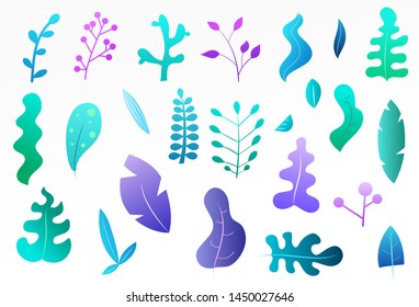 Set of abstract plants, leaves or trees in trendy geometric flat style. Minimalistic colorful vector design isolated on white background.