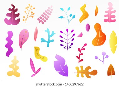 Set of abstract plants, leaves or trees in trendy geometric flat style. Minimalistic colorful vector design isolated on white background.