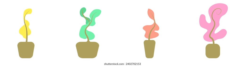 Set of abstract plants in pots. Collection of flowerpots of different shapes vector. Colored flowerpots vector. Decorative plants.