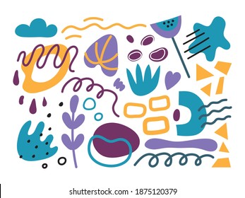 Set of abstract plants shapes. Сollection of geometrical leaves, fruits and flowers.  Spring or summer pattern boho style. Vector illustration of various design elements. Hand drawn.