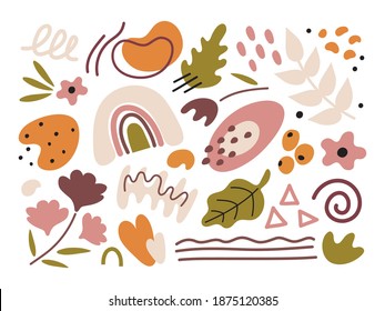 Set of abstract plants shapes. Сollection of geometrical leaves, fruits and flowers.  Spring or summer pattern boho style. Vector illustration of various design elements. Hand drawn.