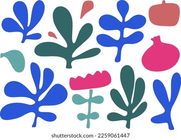 Set of abstract plants and various shapes inspired by Matisse. Vector illustration.