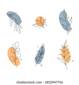 Set of abstract plants.Collection hand drawn, botanical and healing isolated plants.line art.Herbs design template.Twigs and leaves with abstract colorful forms.Vector illustration.