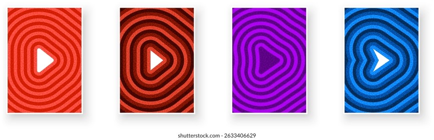 Conjunto de iconos abstractos de juego en rojo, púrpura y azul con fondos concéntricos ondulados. Ilustración vectorial.