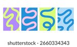 Set abstract playful minimal background with wavy line. Poster with organic curvy curly stripe.
