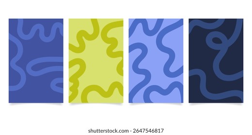 Set abstract playful minimal background with wavy line. Poster with organic curvy curly stripe.