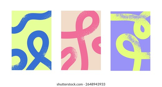 Set abstract playful minimal background with wavy line. Poster with organic curvy curly stripe.