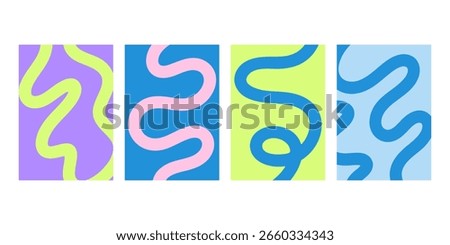 Set abstract playful minimal background with wavy line. Poster with organic curvy curly stripe.